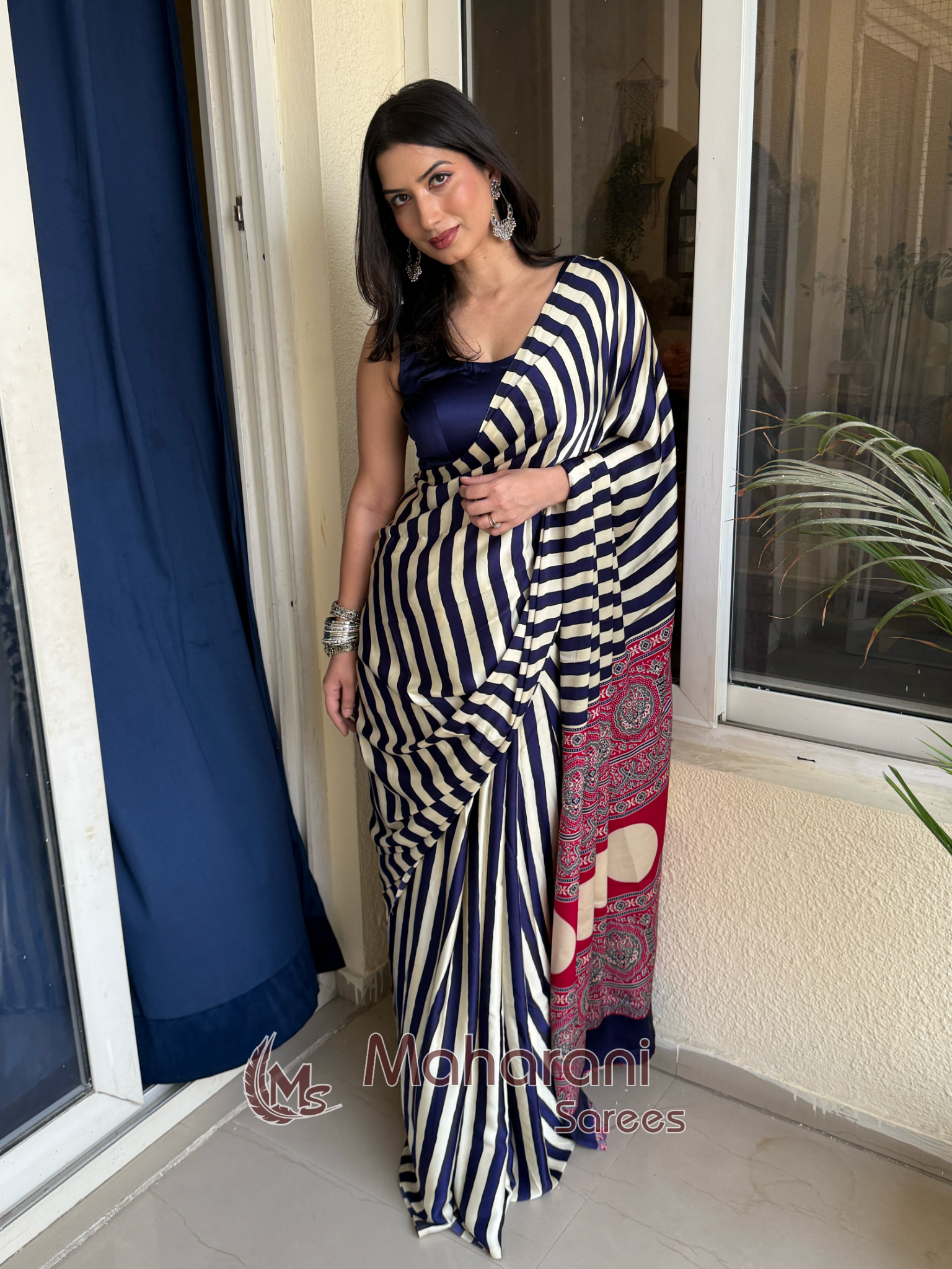 Lapis Blue Striped Ajrakh Hand-Printed Modal Silk Saree