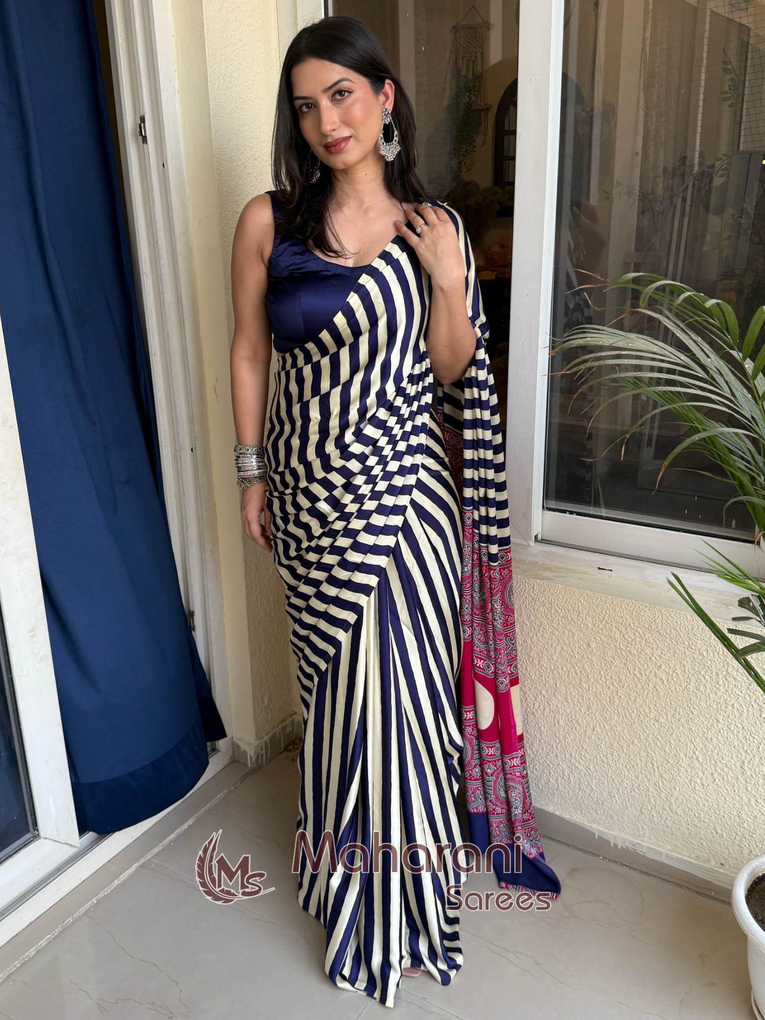 Lapis Blue Striped Ajrakh Hand-Printed Modal Silk Saree