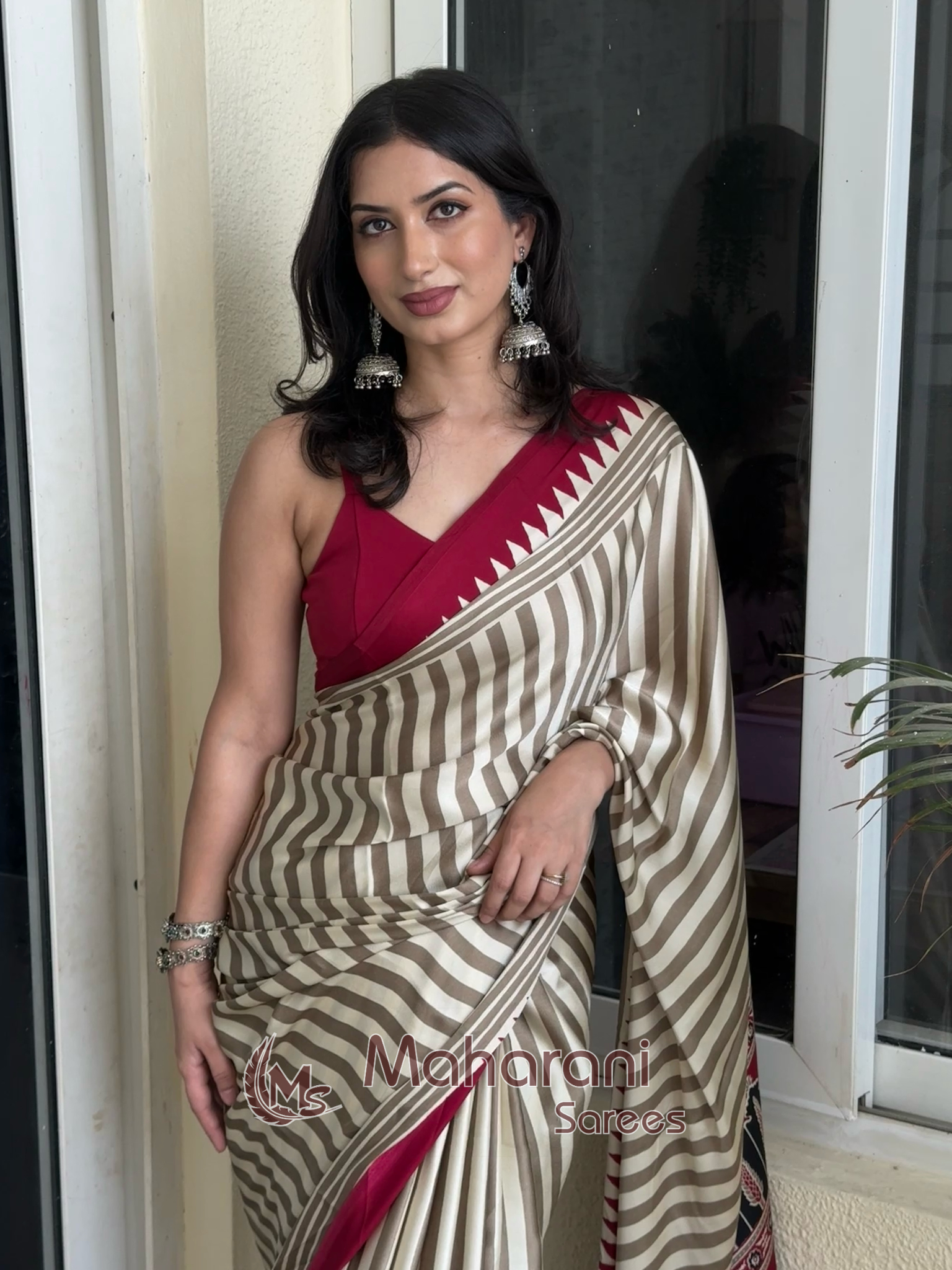 Creamy With Maroon Border Ajrakh Hand-Printed Modal Silk Saree