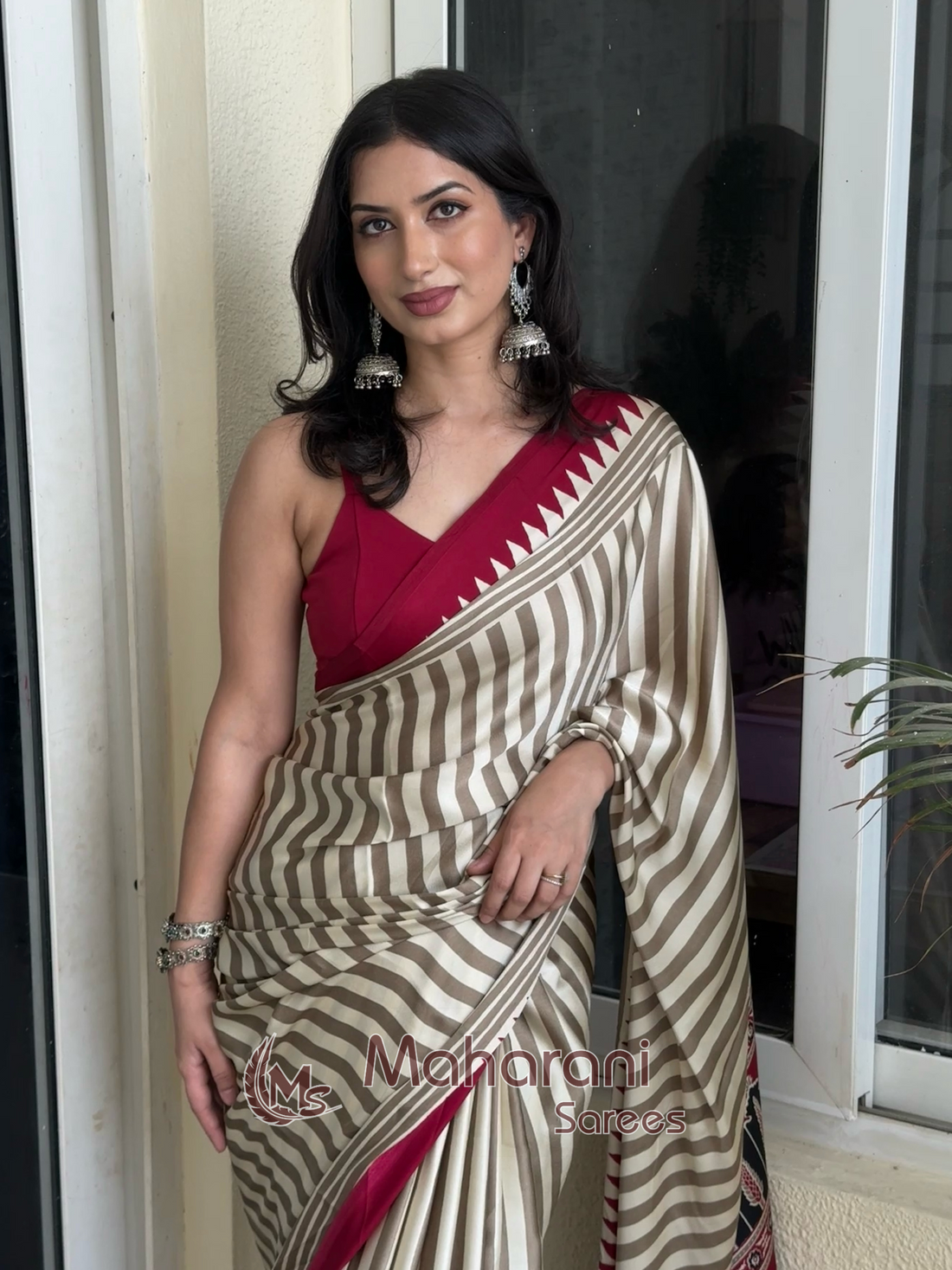 Creamy With Maroon Border Ajrakh Hand-Printed Modal Silk Saree