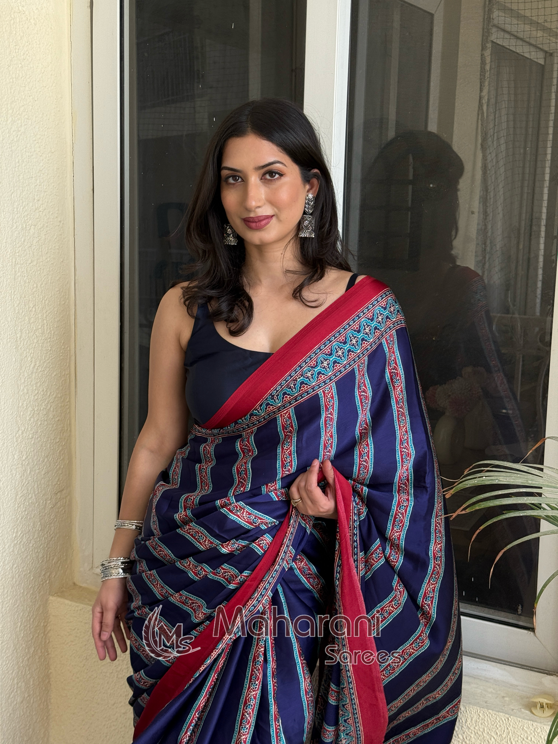 Bluebells Striped Ajrakh Hand-Printed Modal Silk Saree