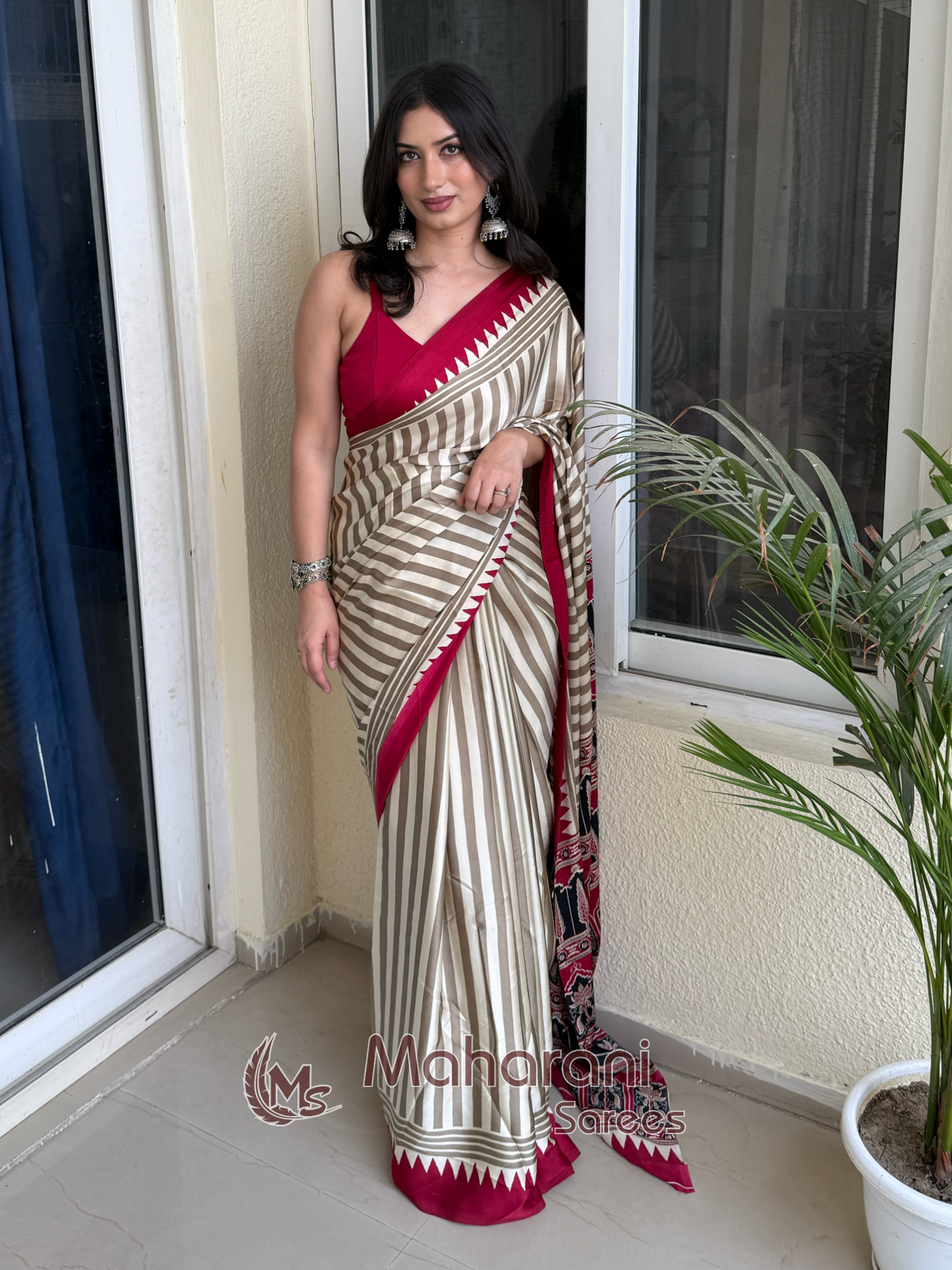 Creamy With Maroon Border Ajrakh Hand-Printed Modal Silk Saree
