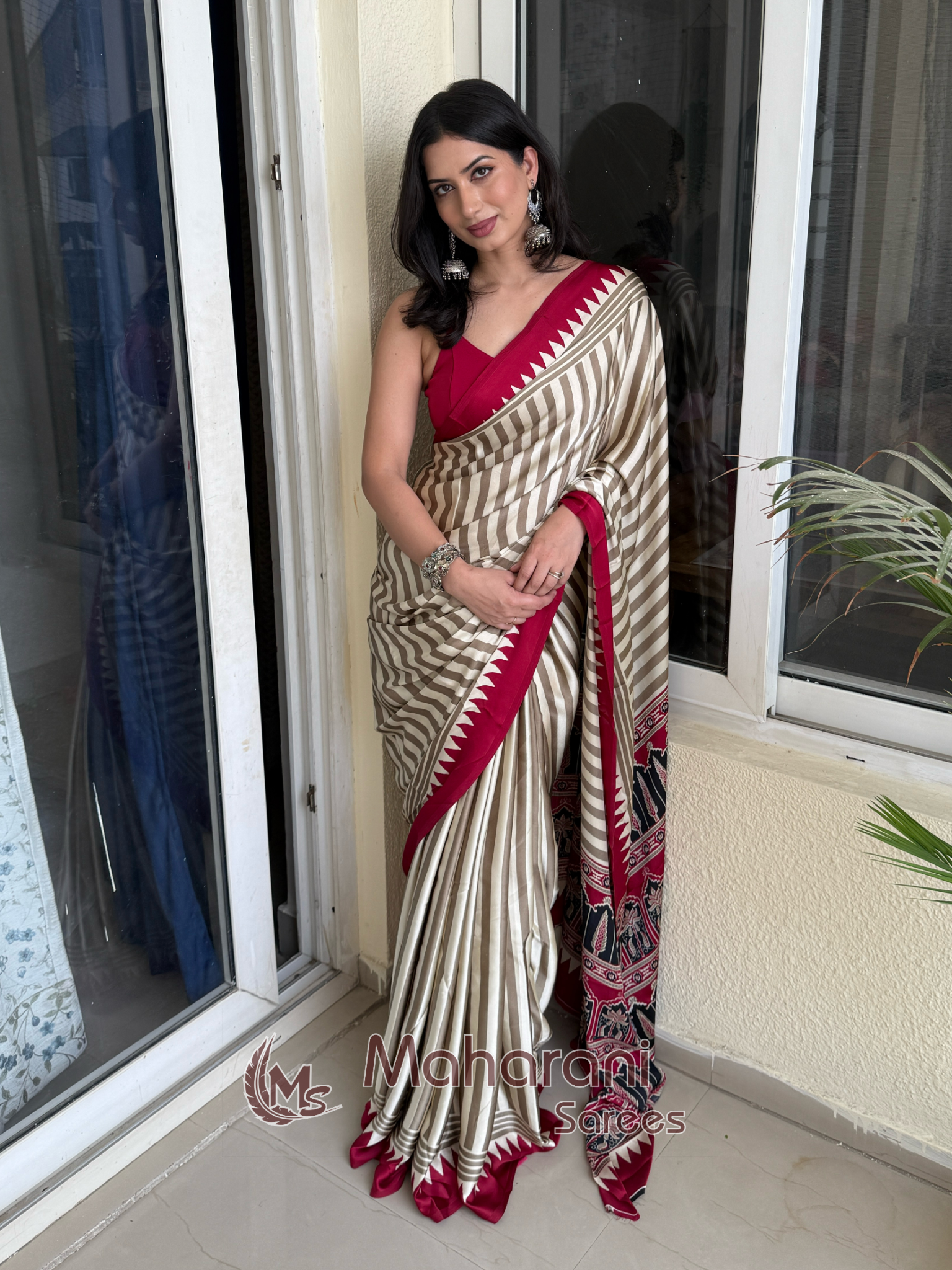 Creamy With Maroon Border Ajrakh Hand-Printed Modal Silk Saree