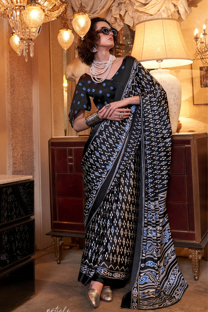 Deep Black Ajrakh Patola Printed Satin Crepe Saree