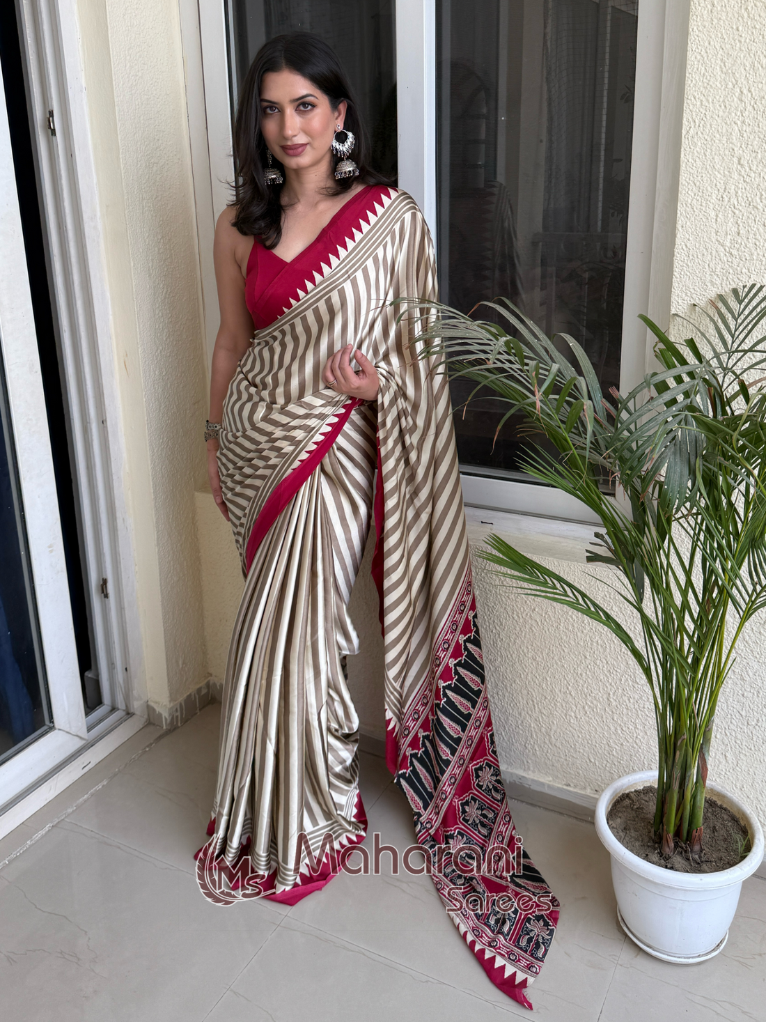 Creamy With Maroon Border Ajrakh Hand-Printed Modal Silk Saree