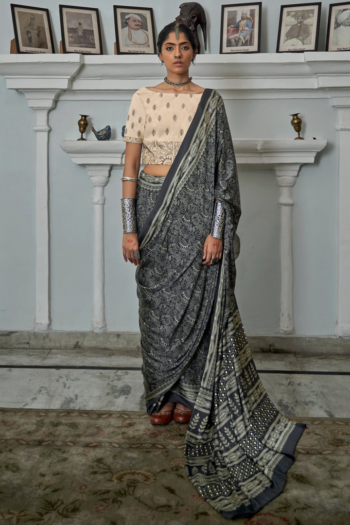 Black Gajji Silk Ajrakh Saree with Contrass embroidery blouse S103