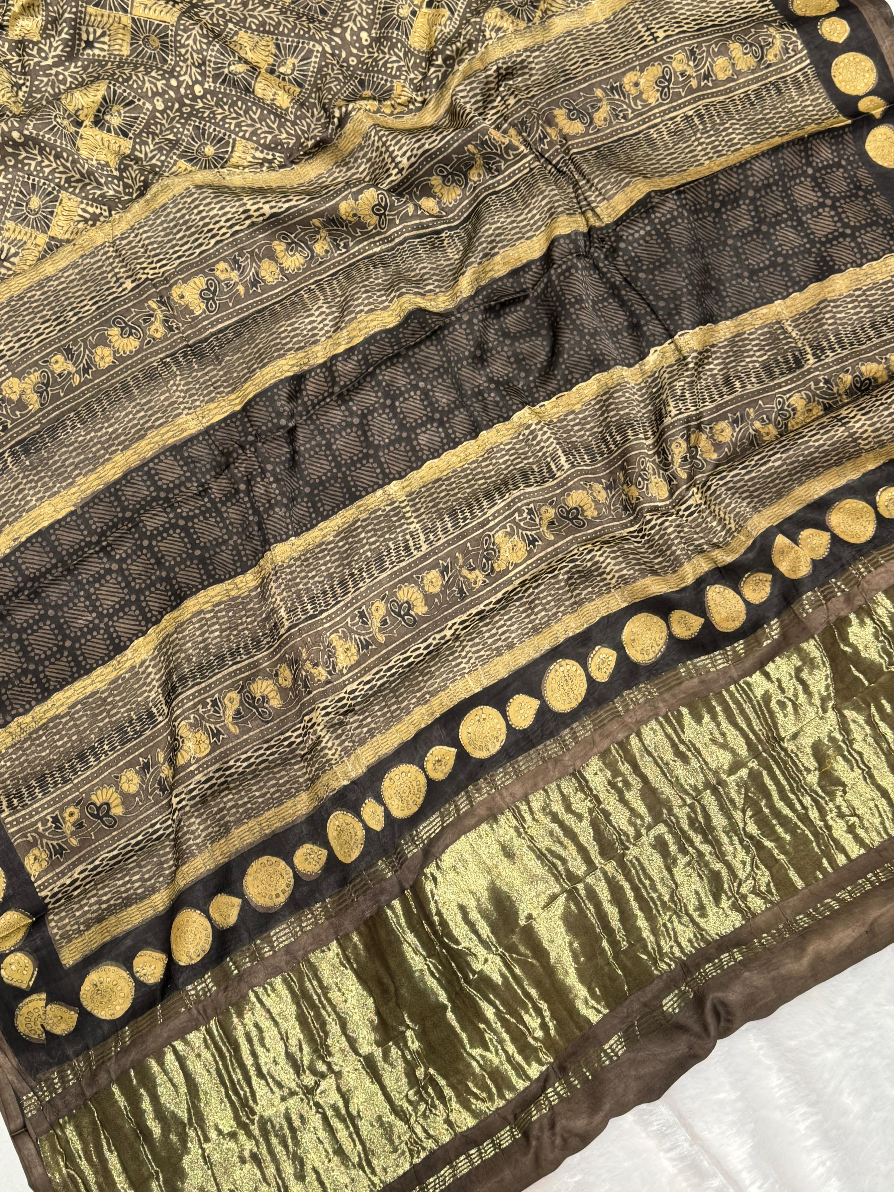 Black Ajrakh Hand Block Modal Silk Saree With Zari Pallu KL1