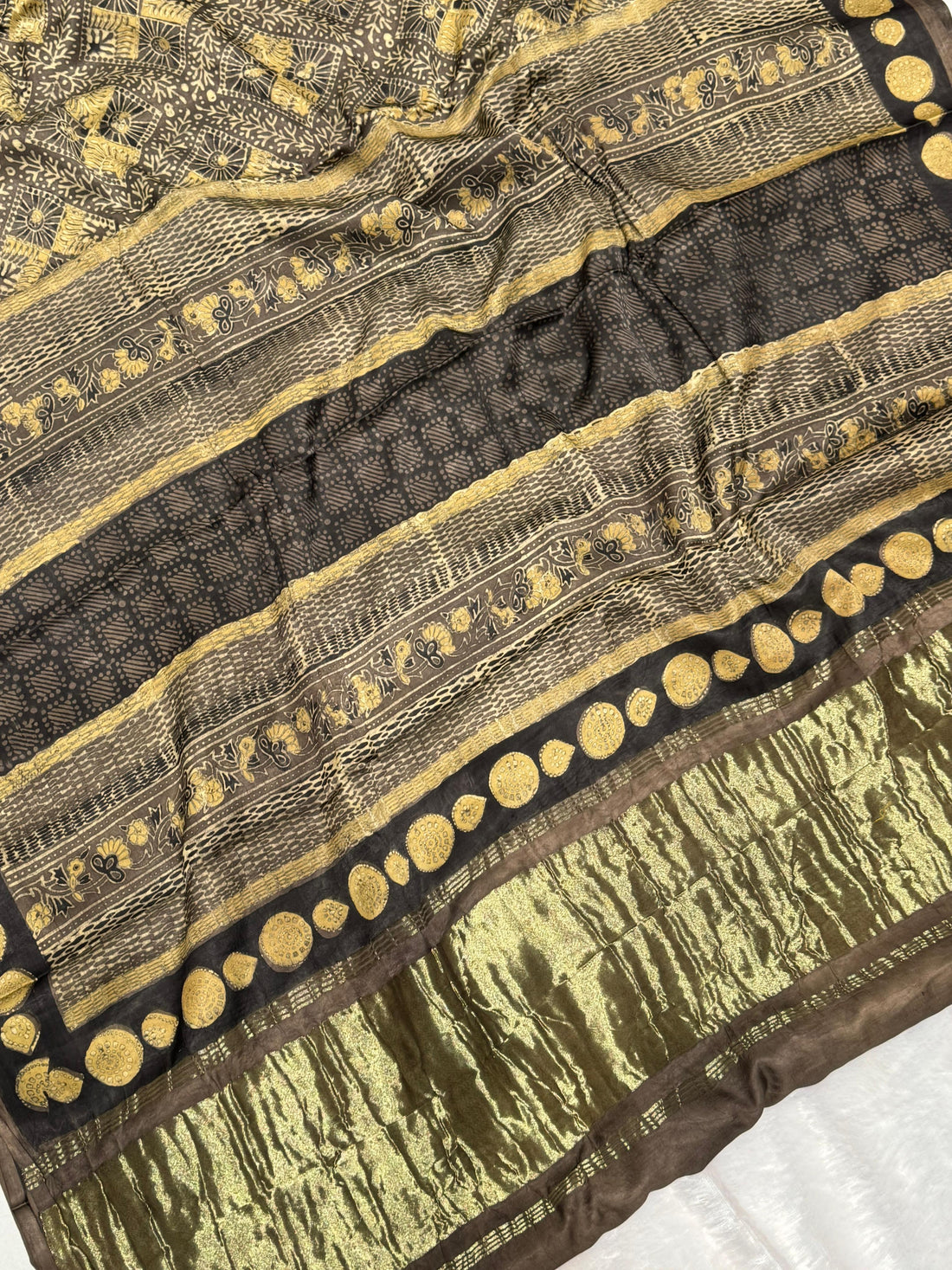 Black Ajrakh Hand Block Modal Silk Saree With Zari Pallu KL1