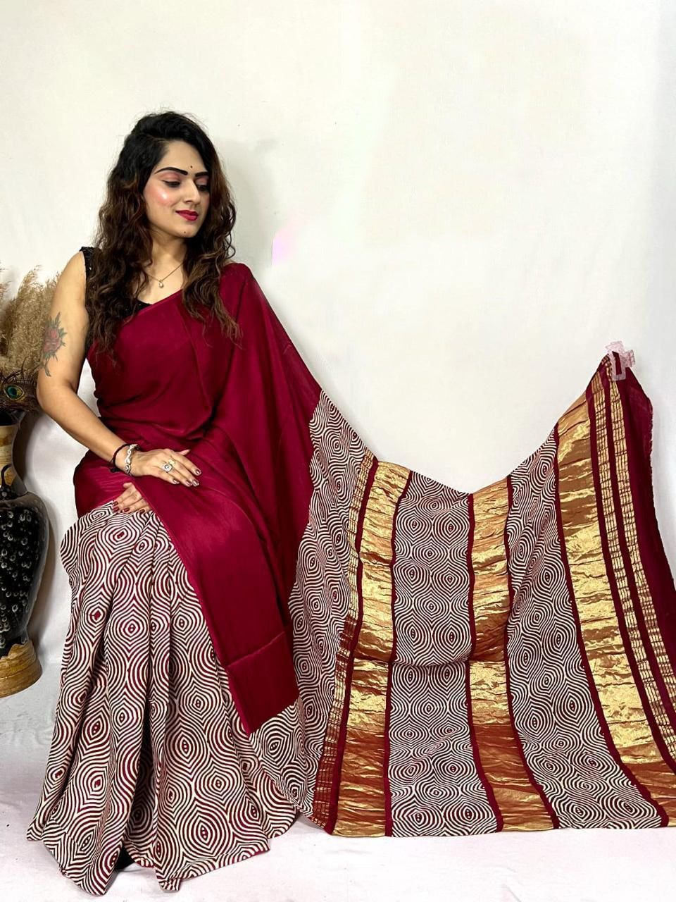 Maroon Ajrakh Patli Pallu with Zari Pallu Saree