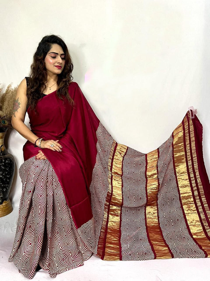 Maroon Ajrakh Patli Pallu with Zari Pallu Saree
