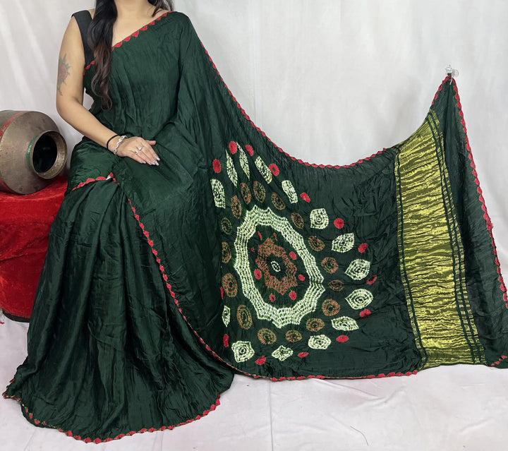 New Fancy Green Shibori Bandhni Border Pure Modal Silk Plian Saree