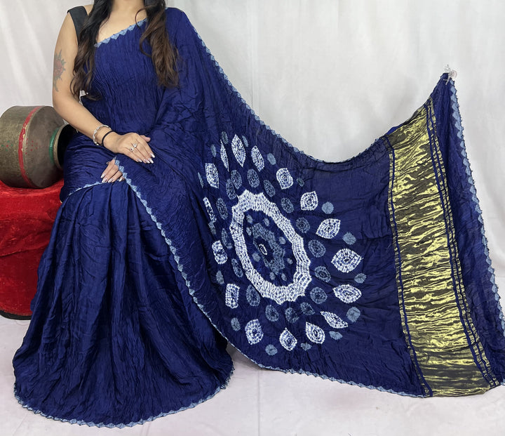 New Fancy Blue Shibori Bandhni Border Pure Modal Silk Plian Saree