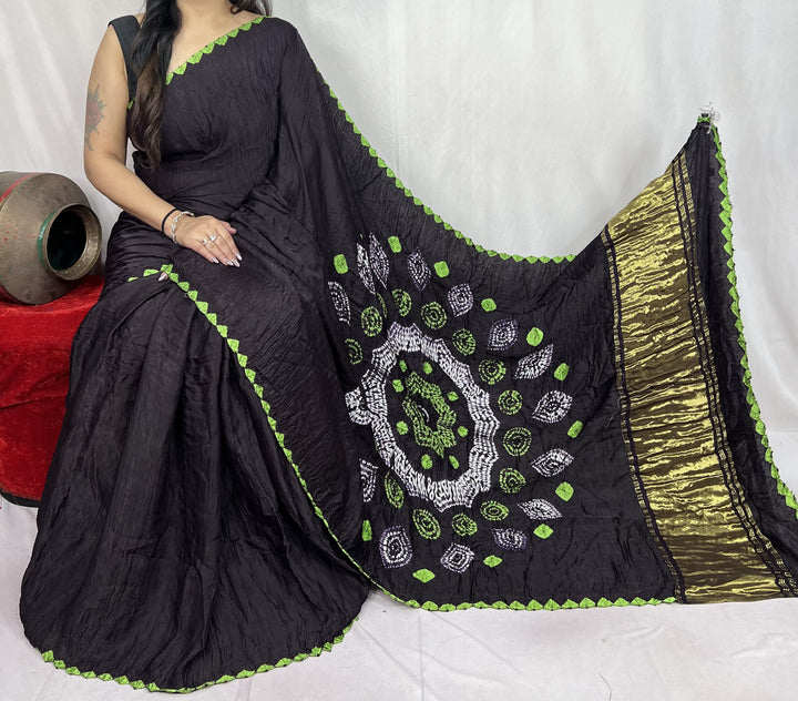 New Fancy Black Shibori Bandhni Border Pure Modal Silk Plian Saree