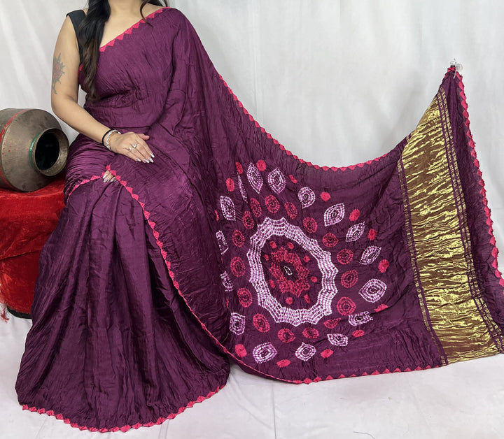 New Fancy Purple Shibori Bandhni Border Pure Modal Silk Plian Saree
