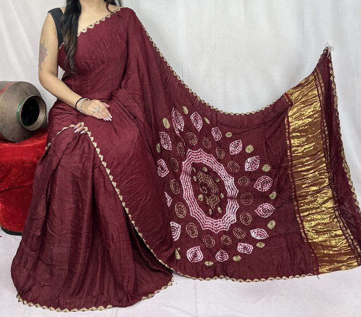 New Fancy Maroon Shibori Bandhni Border Pure Modal Silk Plian Saree