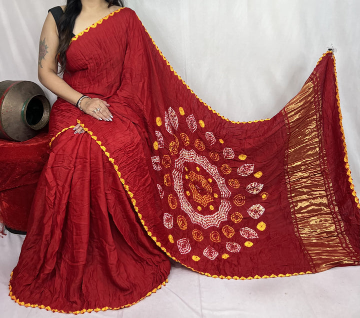 New Fancy Red Shibori Bandhni Border Pure Modal Silk Plian Saree