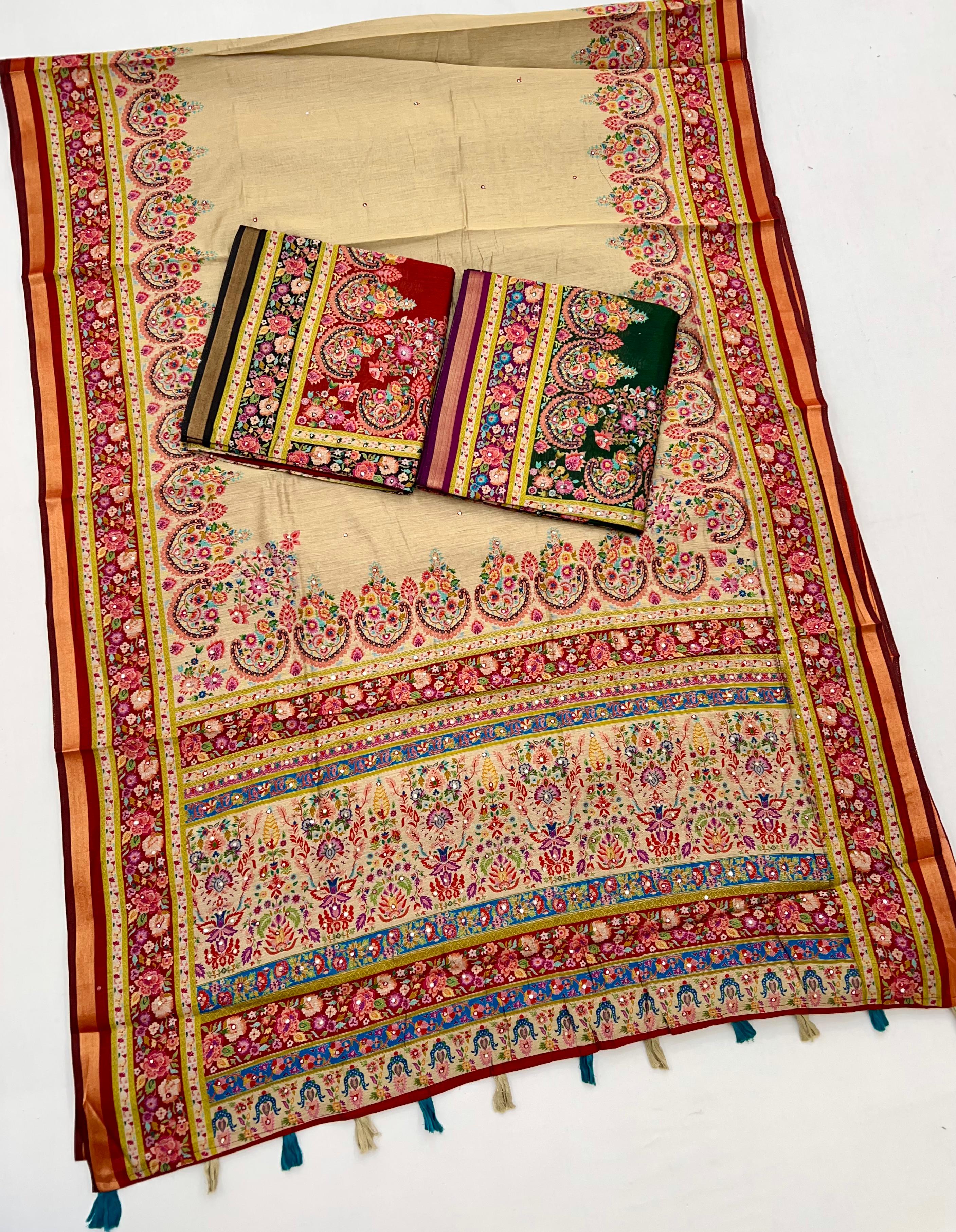 Ivory Cream Ajrakh Kalamkari Pure Maslin Silk Saree with Mirror Work