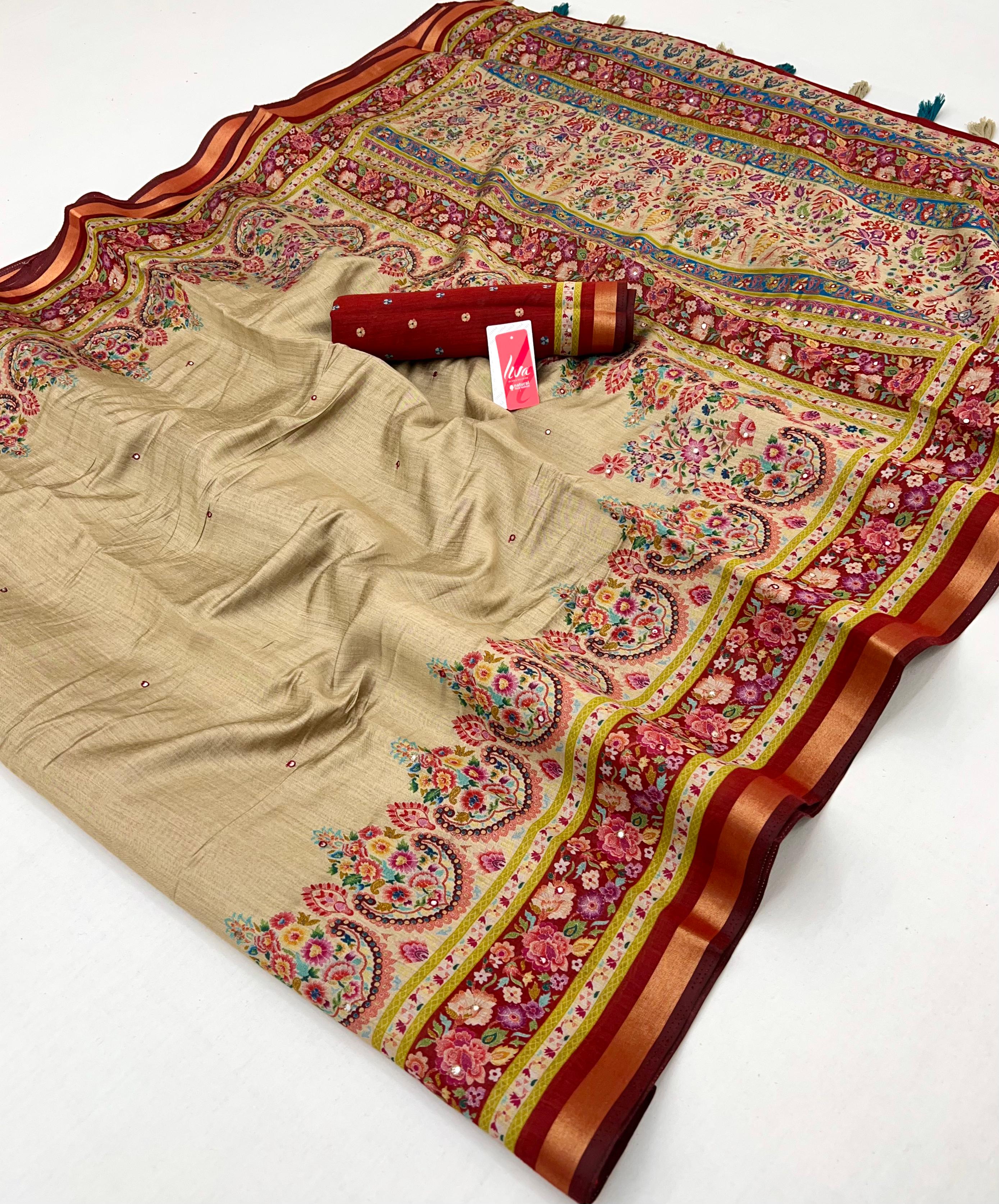 Ivory Cream Ajrakh Kalamkari Pure Maslin Silk Saree with Mirror Work