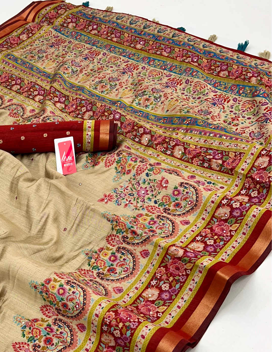 Ivory Cream Ajrakh Kalamkari Pure Maslin Silk Saree with Mirror Work