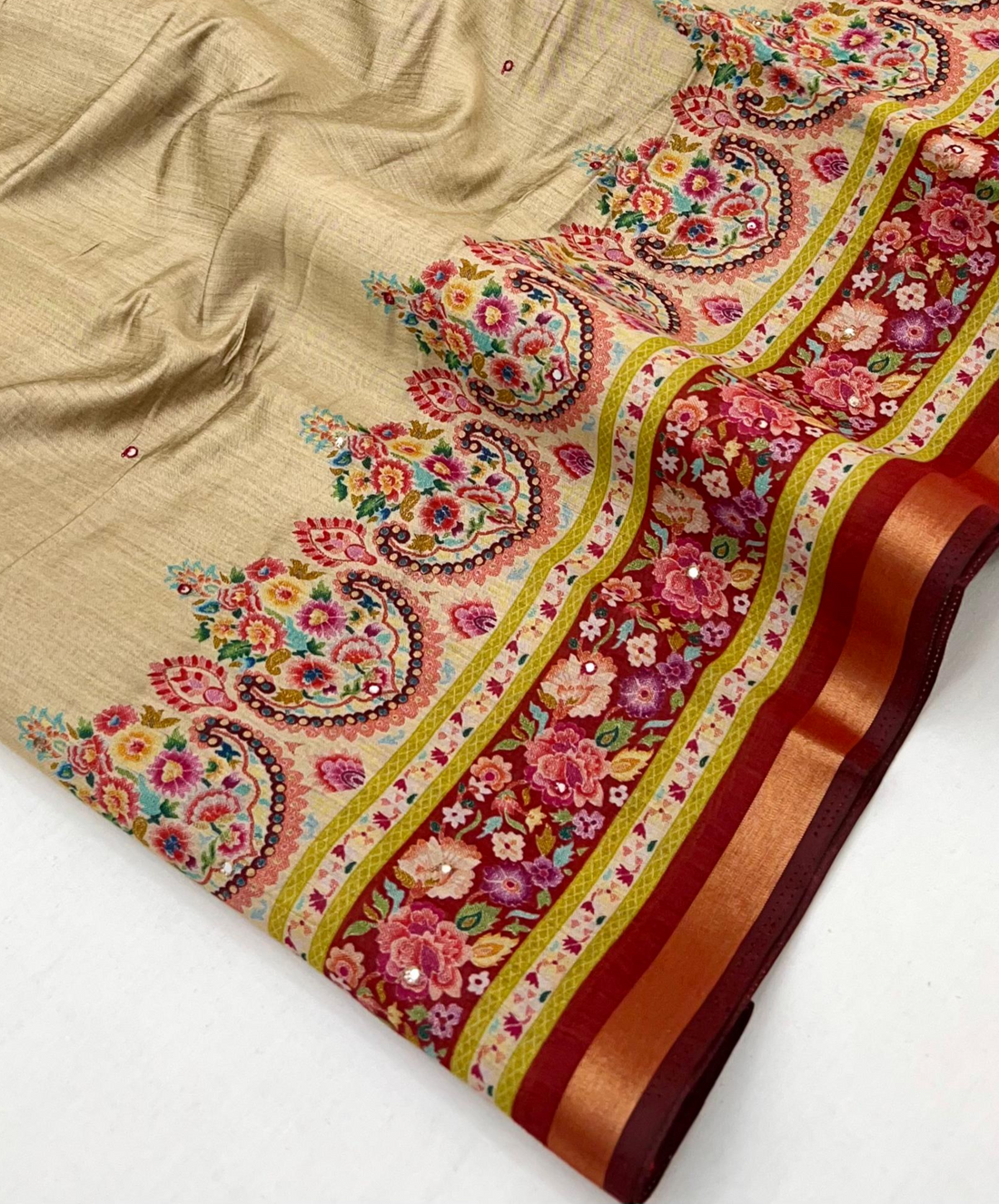 Ivory Cream Ajrakh Kalamkari Pure Maslin Silk Saree with Mirror Work