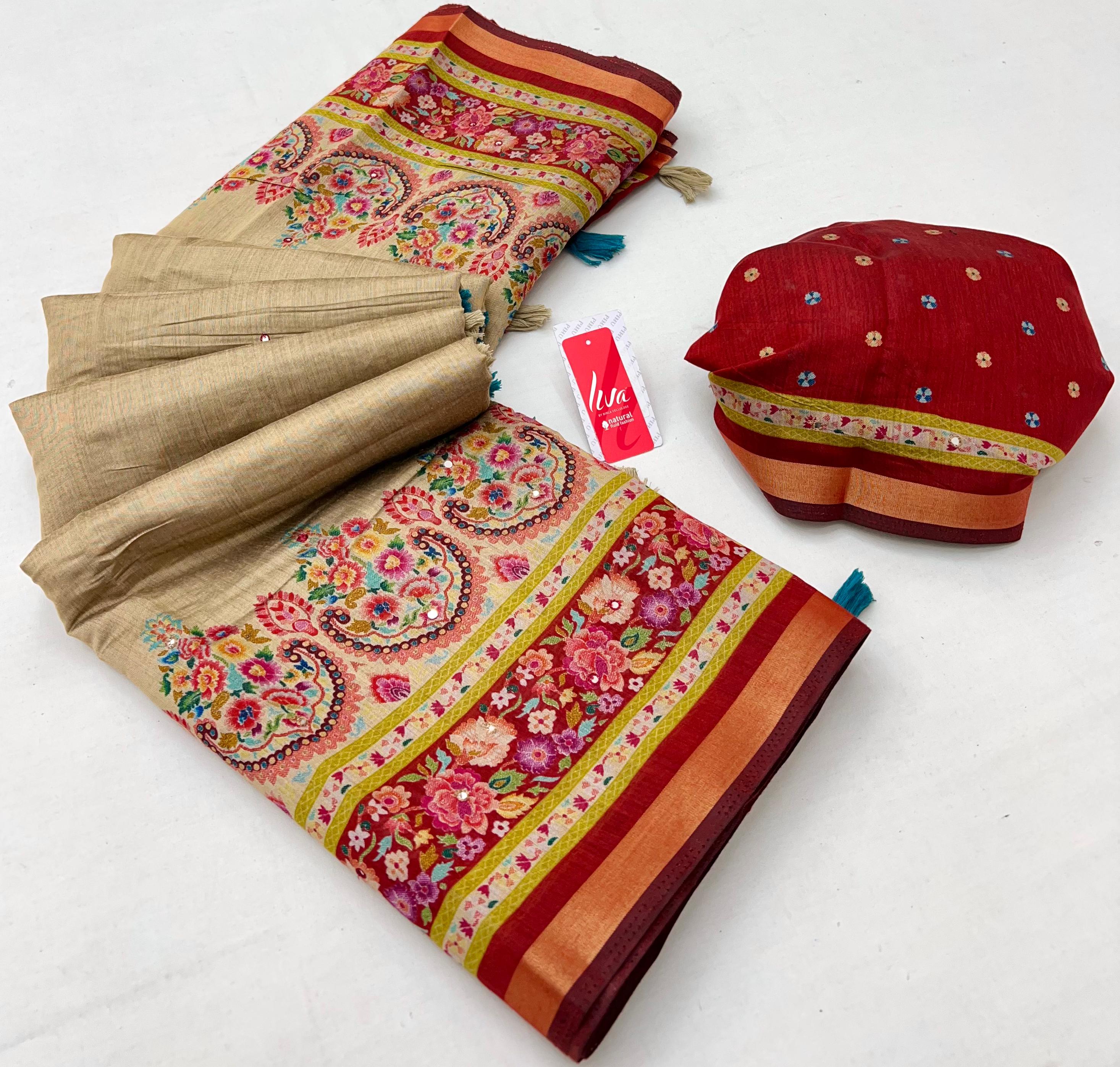 Ivory Cream Ajrakh Kalamkari Pure Maslin Silk Saree with Mirror Work