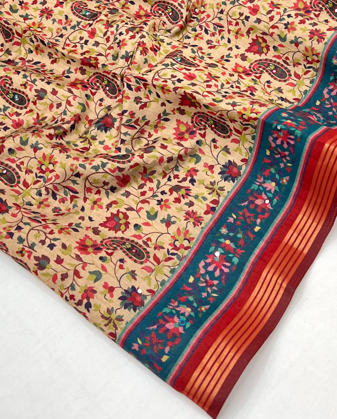 Timeless Cream Ajrakh Kalamkari Pure Maslin Silk Saree with Mirror Work