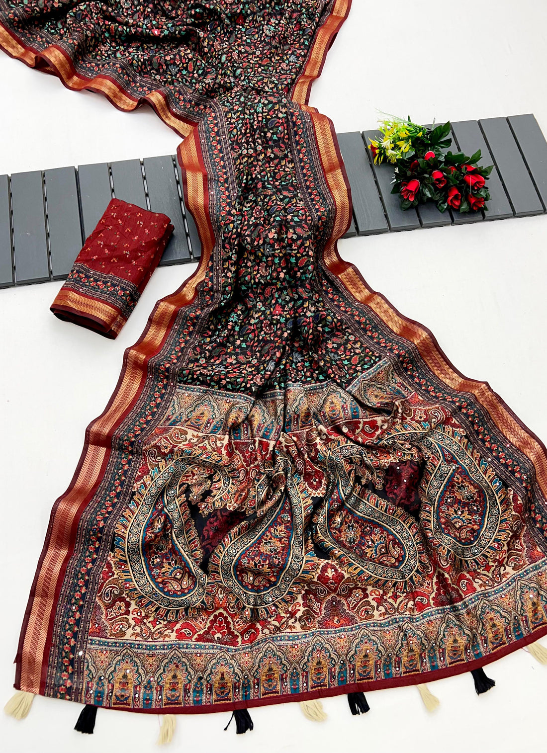 Stylish Black Ajrakh Kalamkari Pure Maslin Silk Saree with Mirror Work