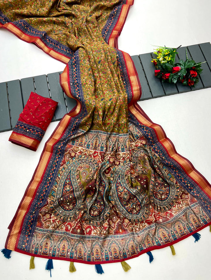 Stunning Ajrakh Kalamkari Pure Maslin Silk Saree with Mirror Work