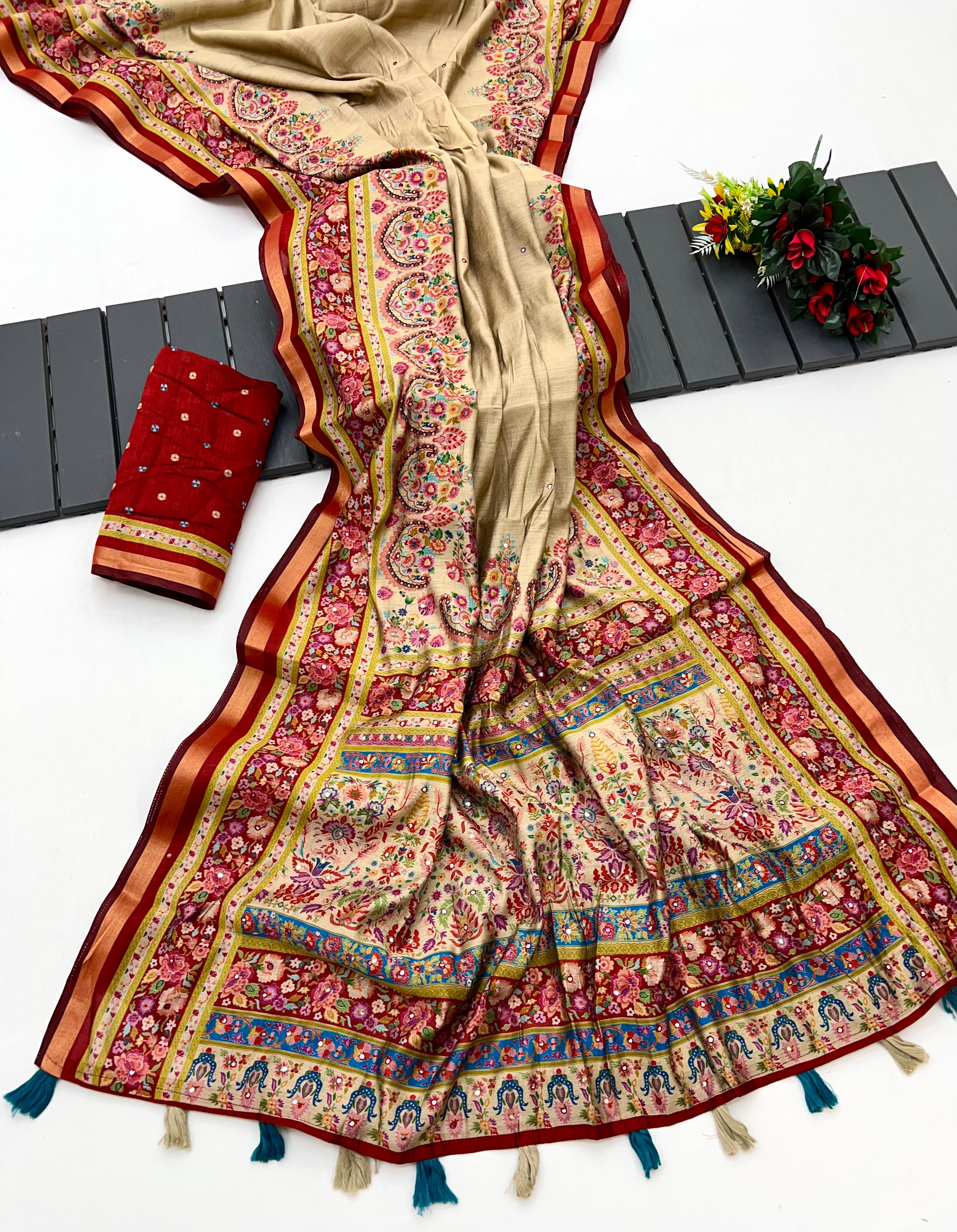 Ivory Cream Ajrakh Kalamkari Pure Maslin Silk Saree with Mirror Work