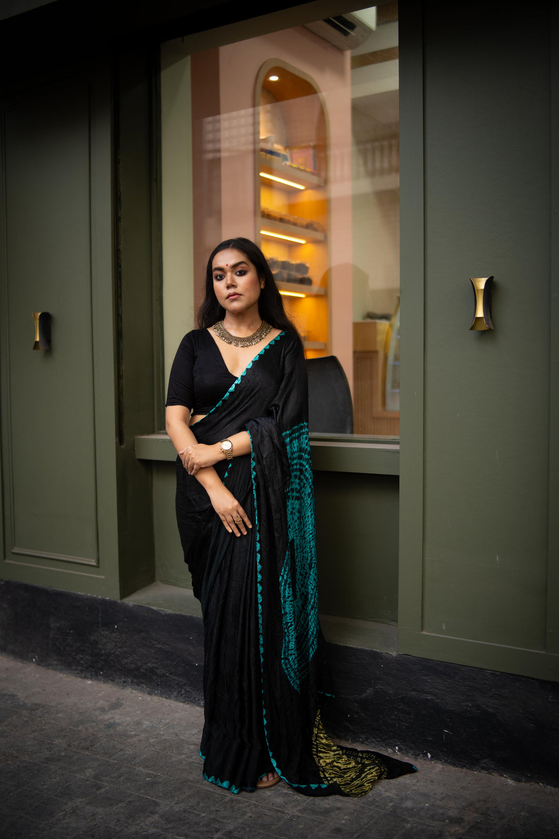 Black Shibori Bandhni Border Pure Modal Silk Plain Saree