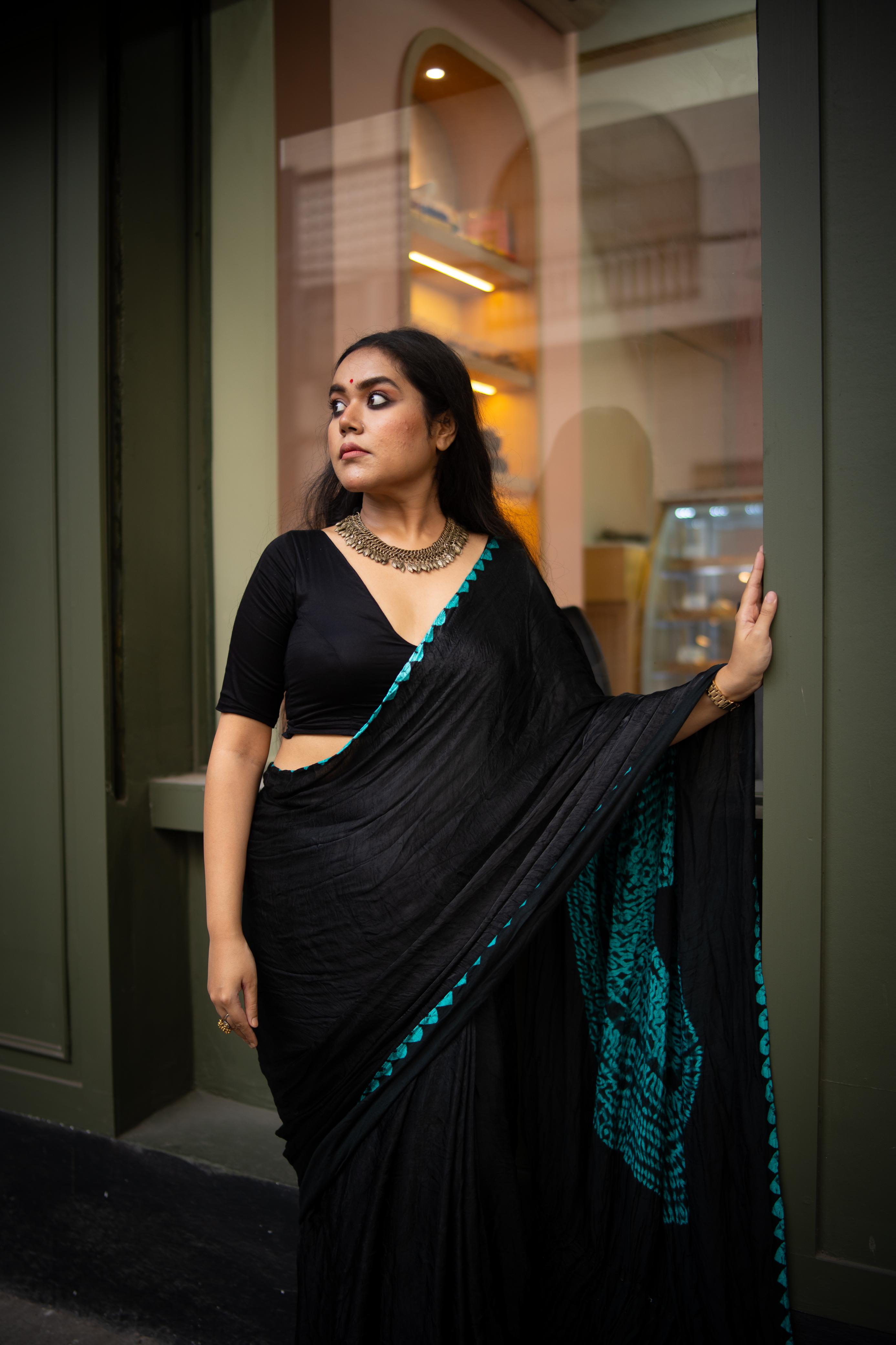 Black Shibori Bandhni Border Pure Modal Silk Plain Saree