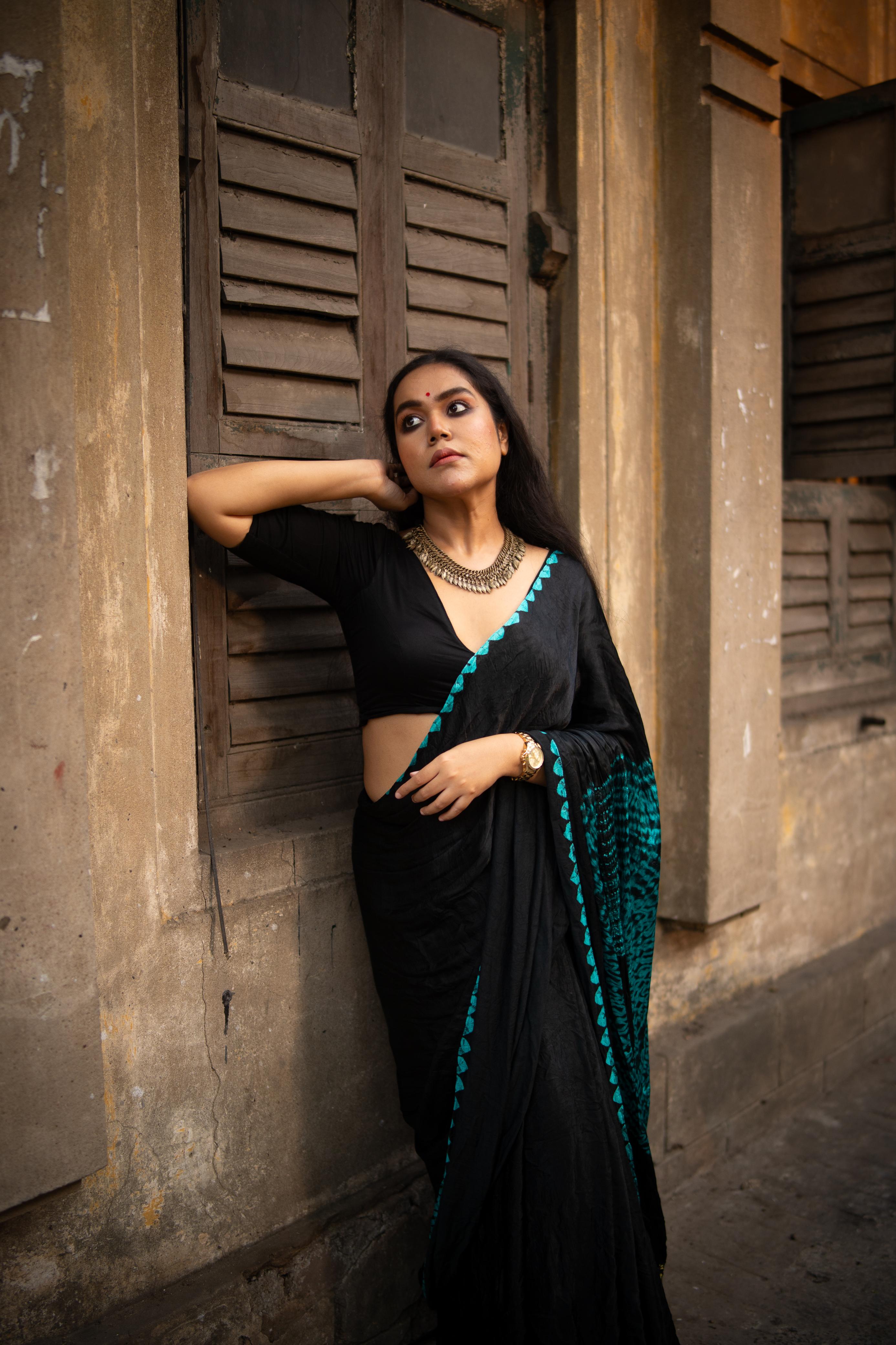 Black Shibori Bandhni Border Pure Modal Silk Plain Saree