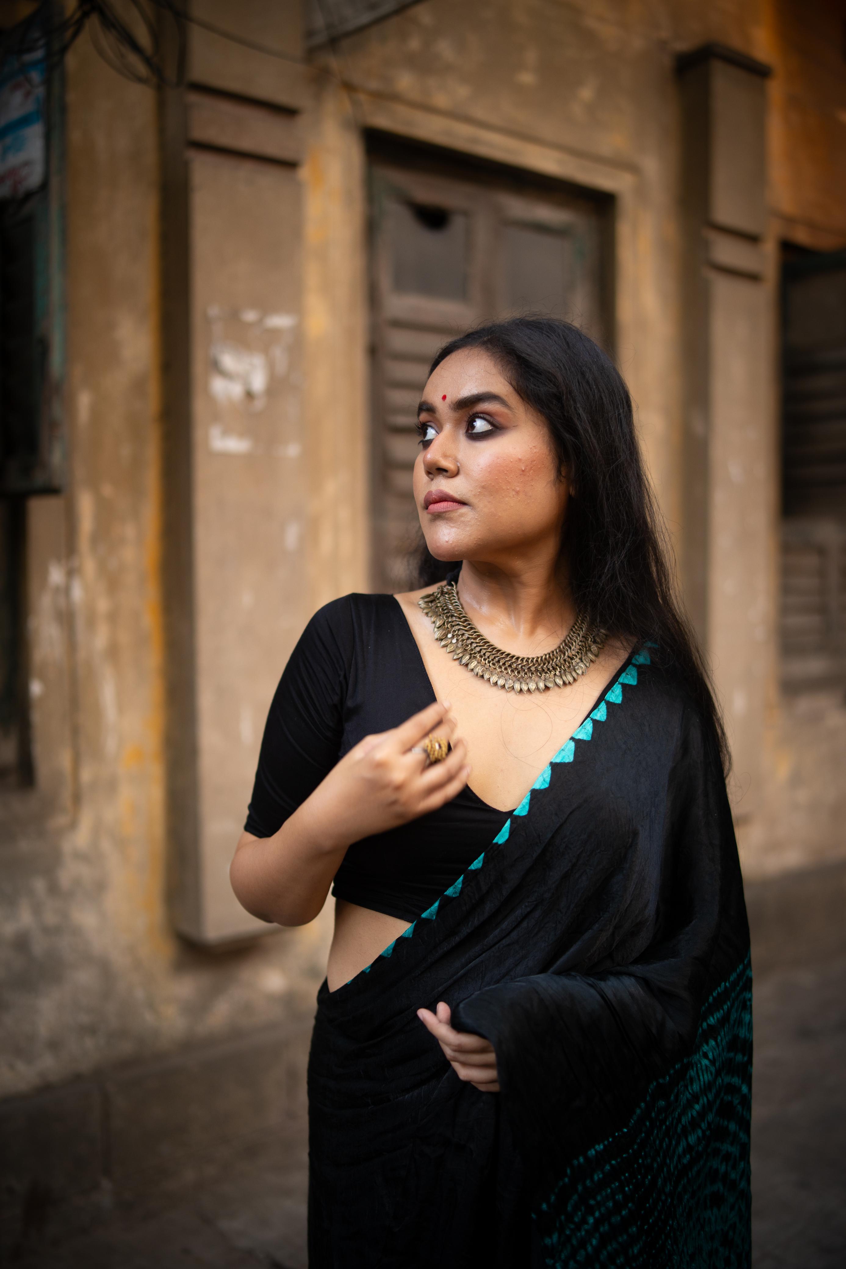 Black Shibori Bandhni Border Pure Modal Silk Plain Saree