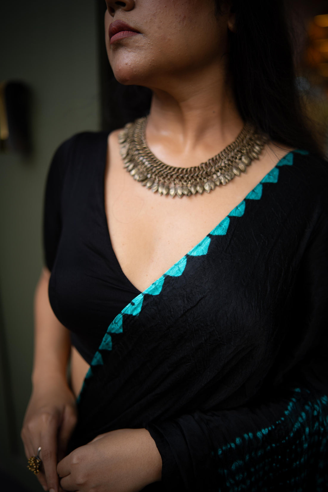 Black Shibori Bandhni Border Pure Modal Silk Plain Saree