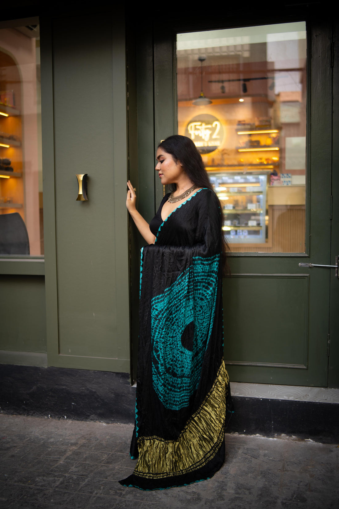 Black Shibori Bandhni Border Pure Modal Silk Plain Saree