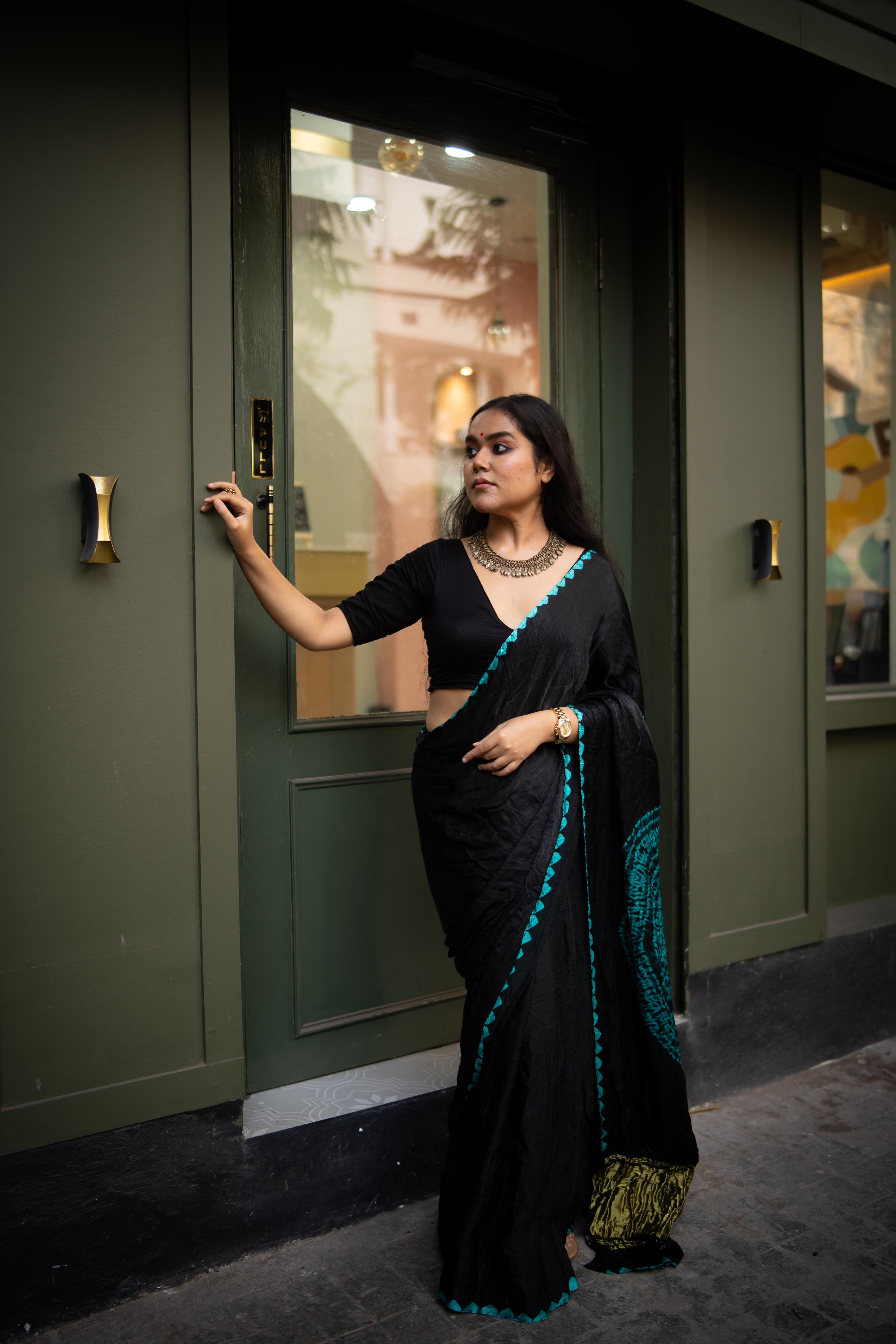 Black Shibori Bandhni Border Pure Modal Silk Plain Saree