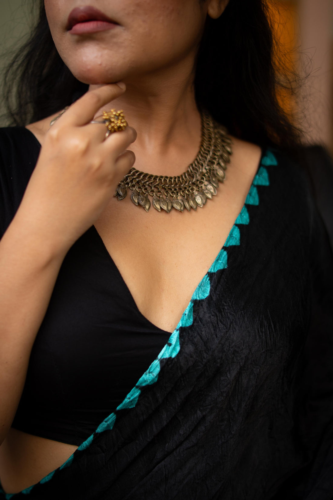 Black Shibori Bandhni Border Pure Modal Silk Plain Saree