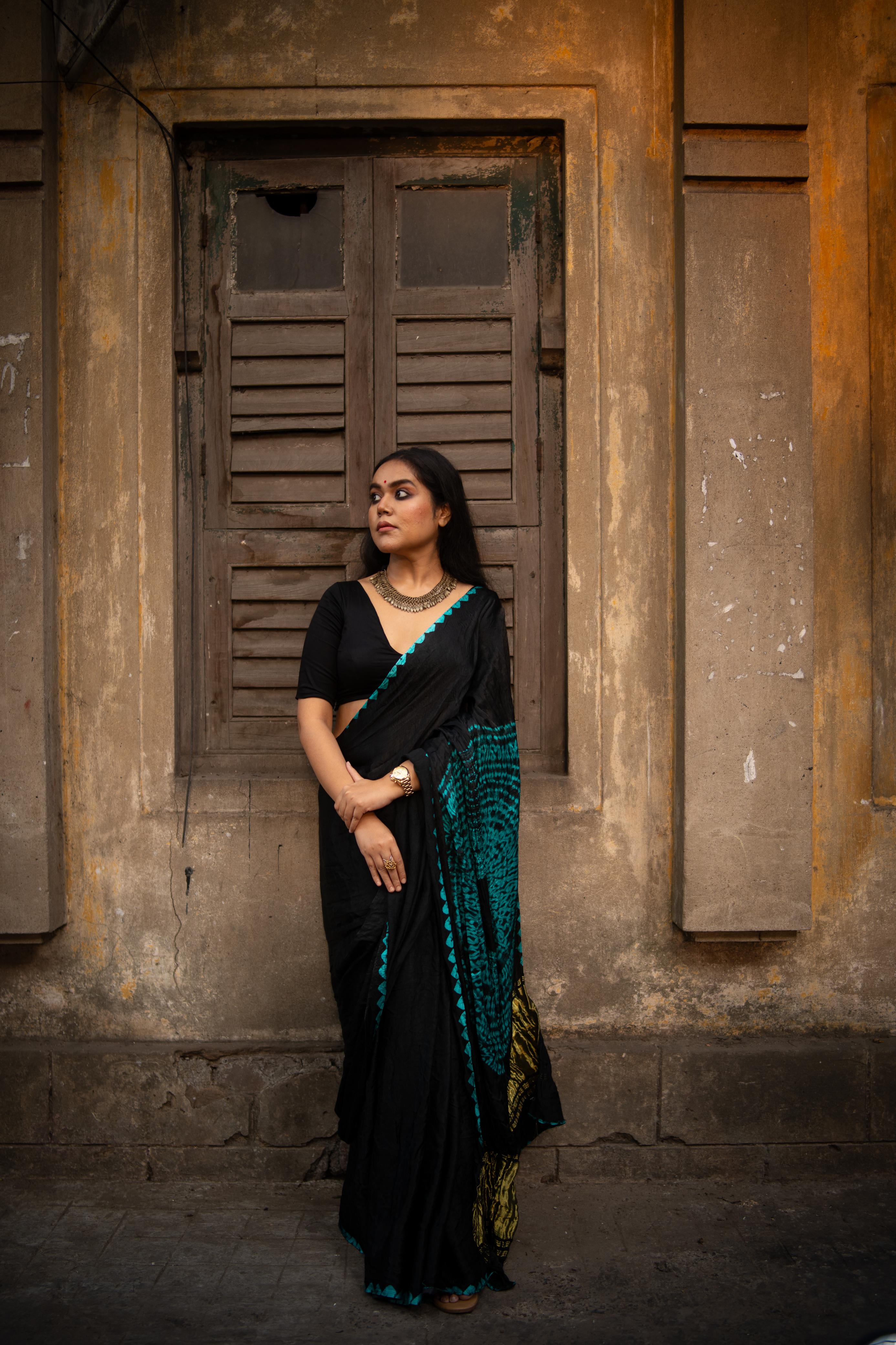 Black Shibori Bandhni Border Pure Modal Silk Plain Saree