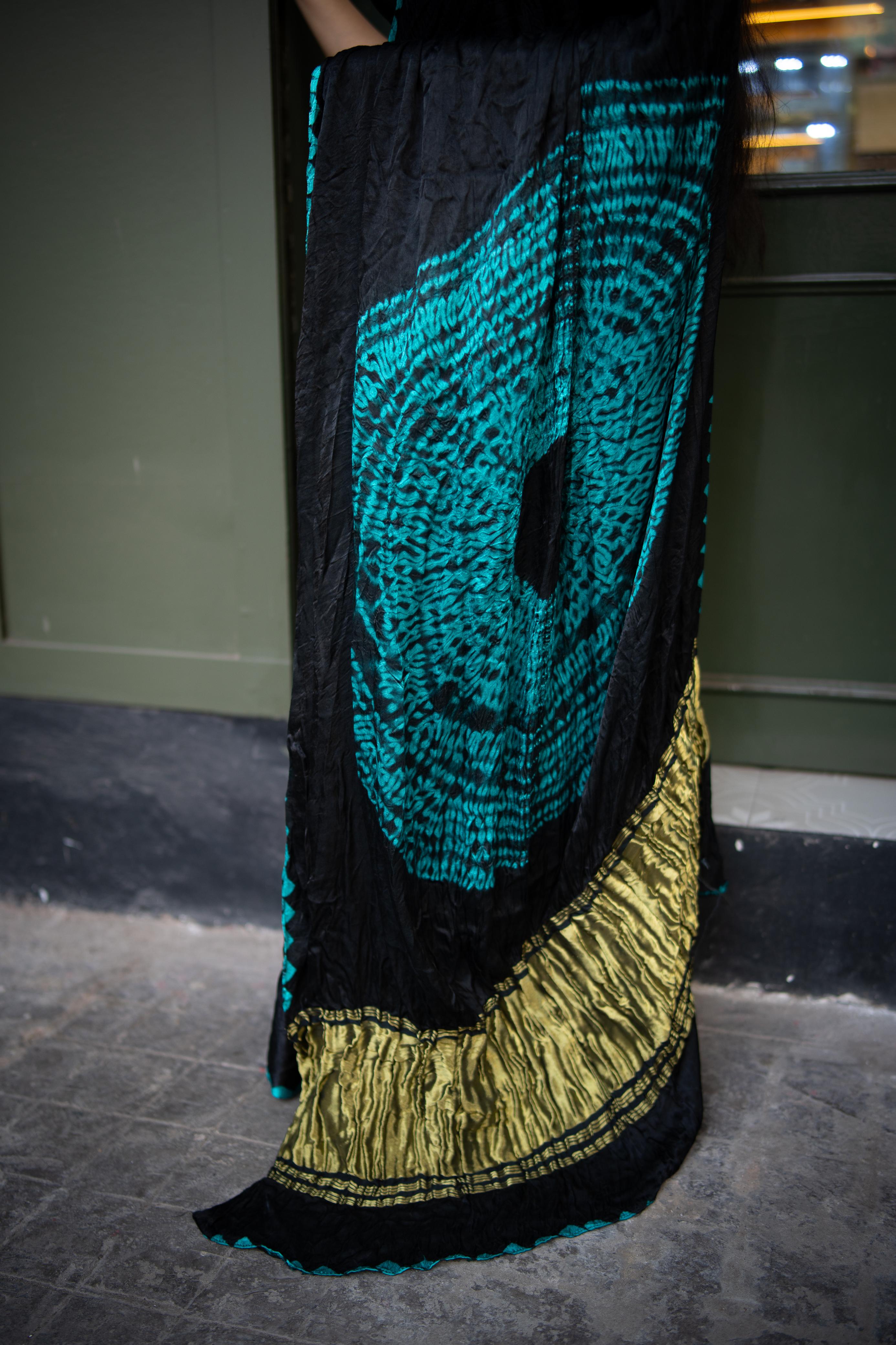 Black Shibori Bandhni Border Pure Modal Silk Plain Saree