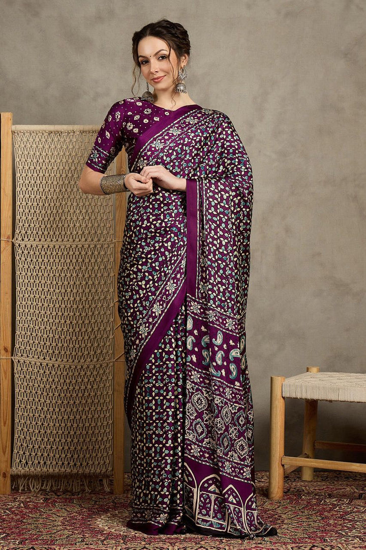 Dark Purple Ajrak Crepe Block Print Sarees