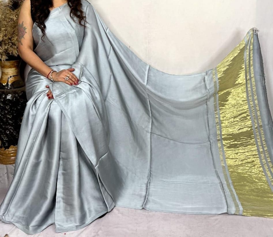 Light Grey Plain Pure Modal Gajji Silk Saree With Zari Pallu Natural dyeing Saree-19