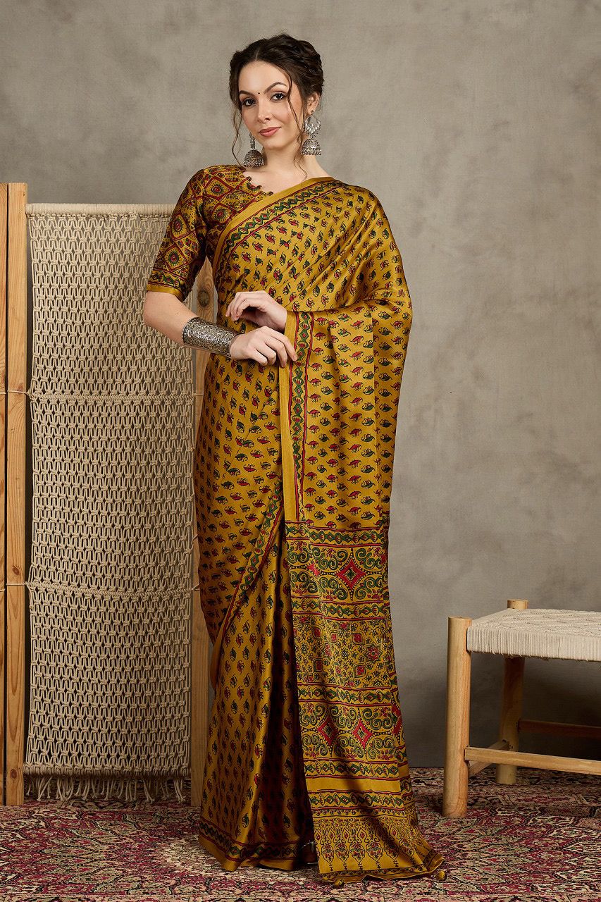 Yellow And Maroon Ajrak Crepe Block Print Sarees