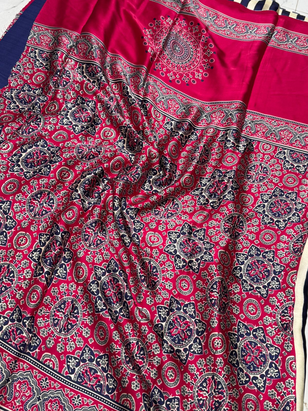 Lapis Blue Striped Ajrakh Hand-Printed Modal Silk Saree