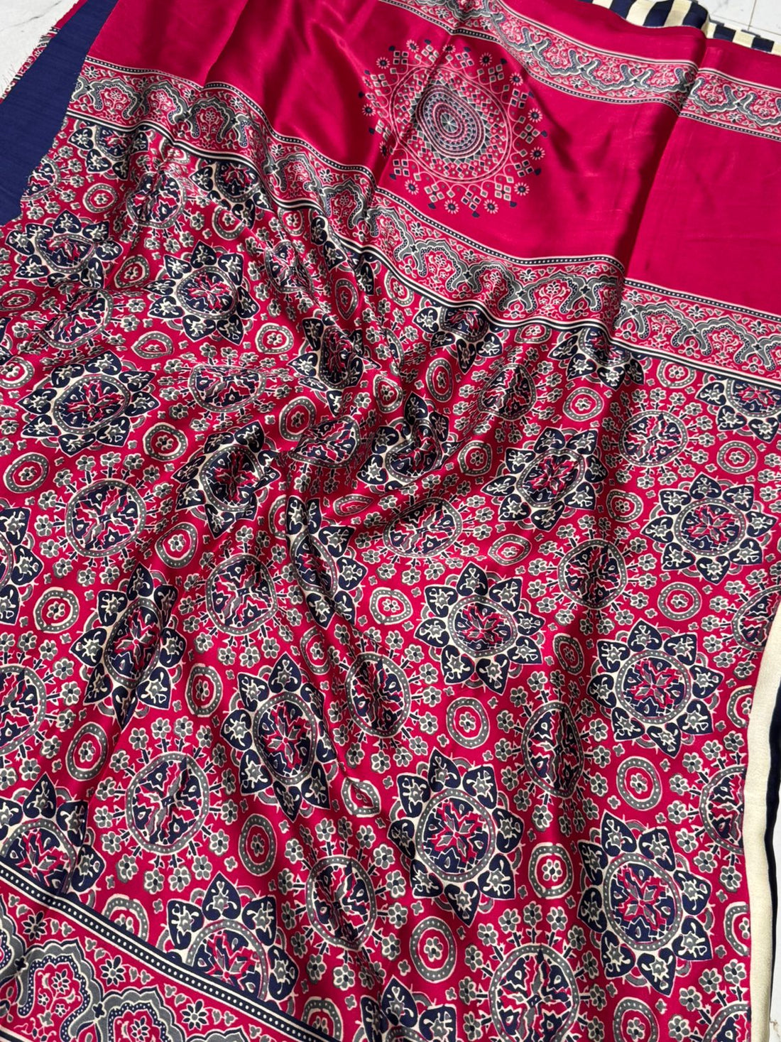 Lapis Blue Striped Ajrakh Hand-Printed Modal Silk Saree