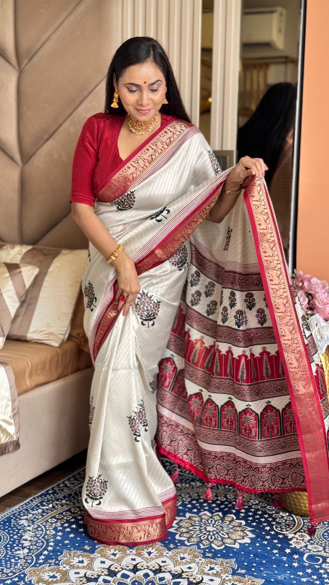 Luxuriant Maroon And Cream Ajrakh Kashmiri Modal silk Buta Leriya Saree