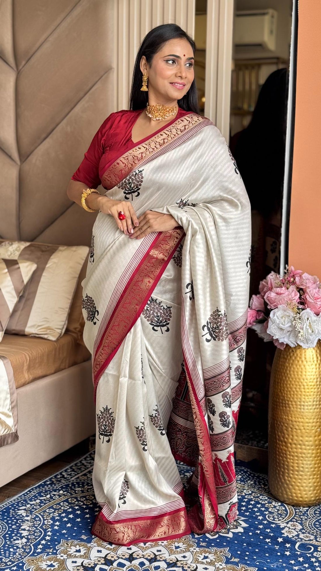 Luxuriant Maroon And Cream Ajrakh Kashmiri Modal silk Buta Leriya Saree