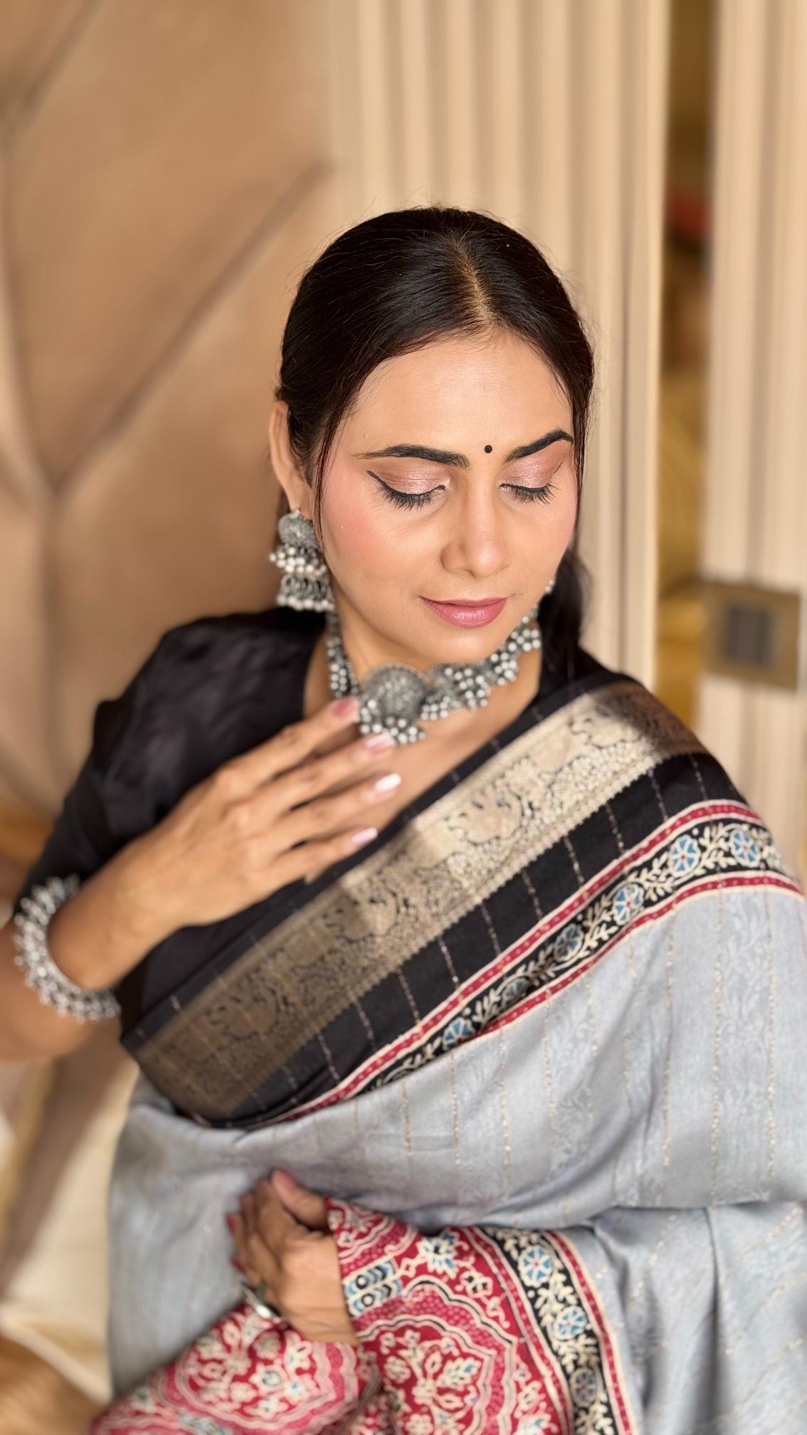 Majestic Gray And Black Ajrakh Kashmiri Modal silk Saree