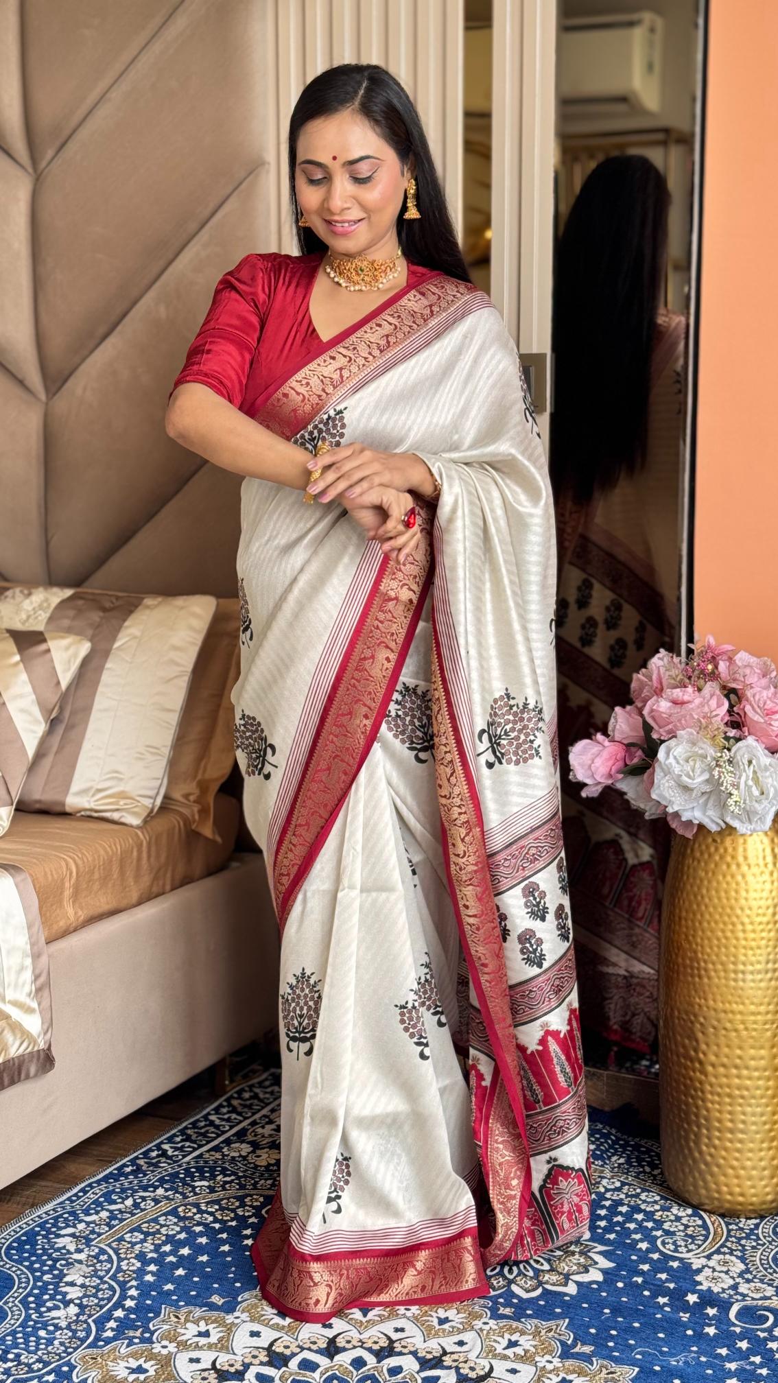 Luxuriant Maroon And Cream Ajrakh Kashmiri Modal silk Buta Leriya Saree