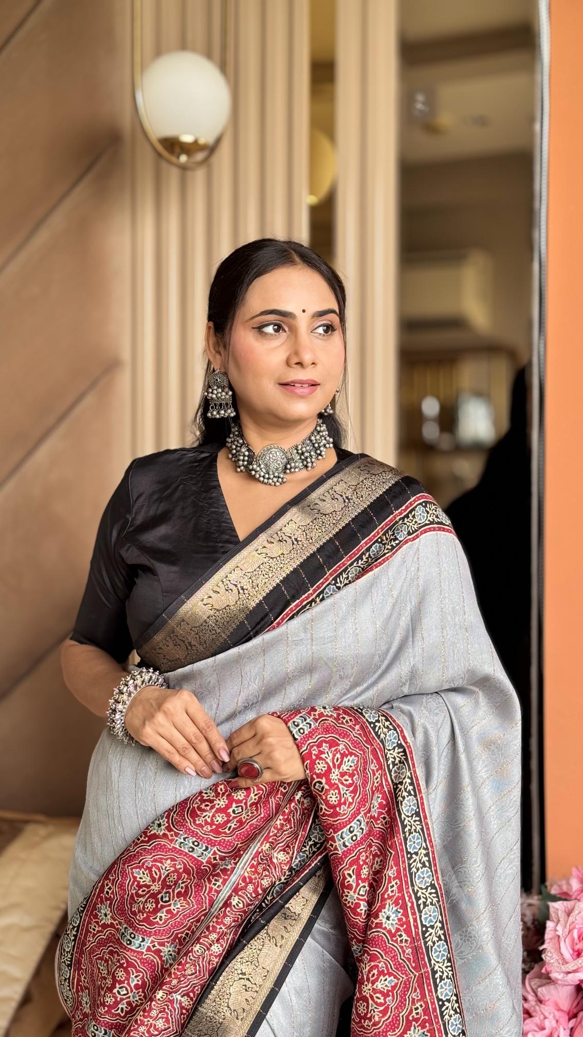 Majestic Gray And Black Ajrakh Kashmiri Modal silk Saree