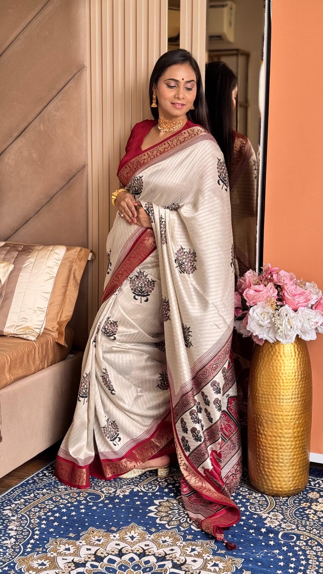 Luxuriant Maroon And Cream Ajrakh Kashmiri Modal silk Buta Leriya Saree